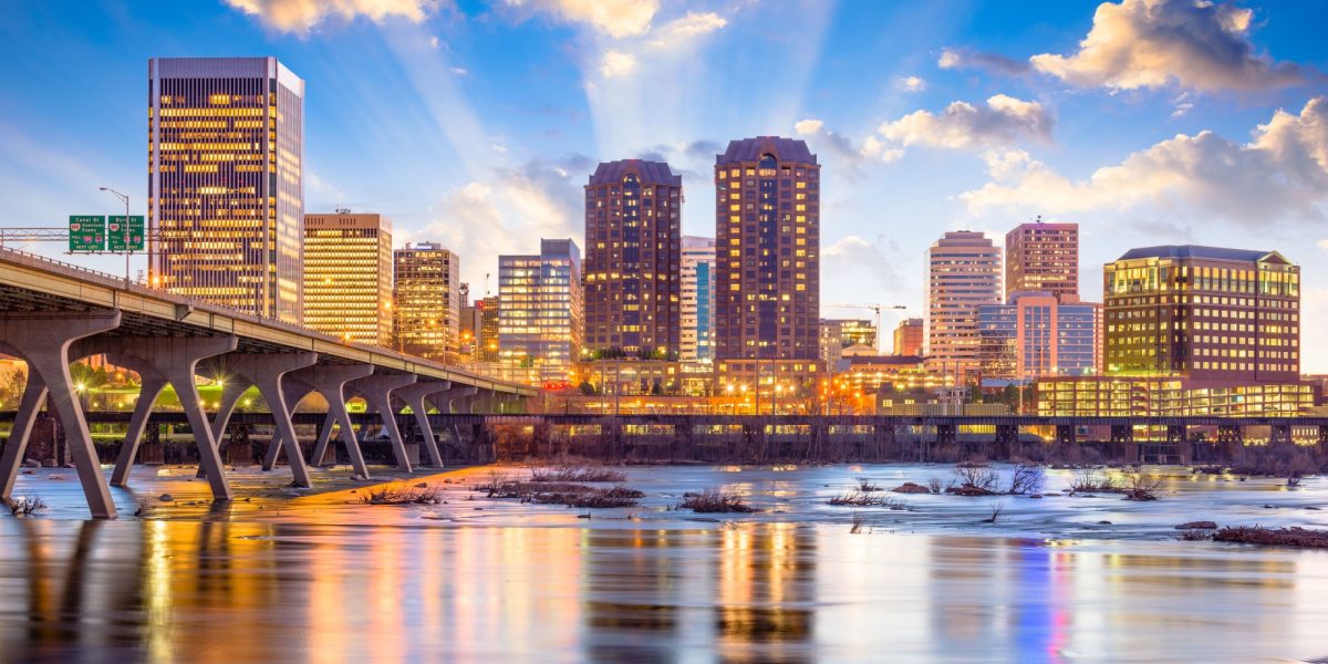 Richmond, Virginia, USA downtown skyline on the James River.