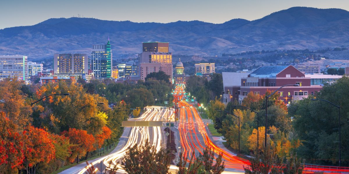 Boise, Idaho, USA downtown cityscape at twilight in autumn season.