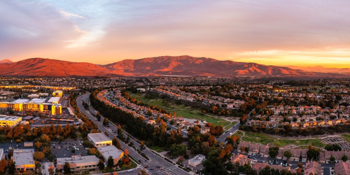 Aerial view of Eastlake Chula Vista, San Diego County, at sunset.