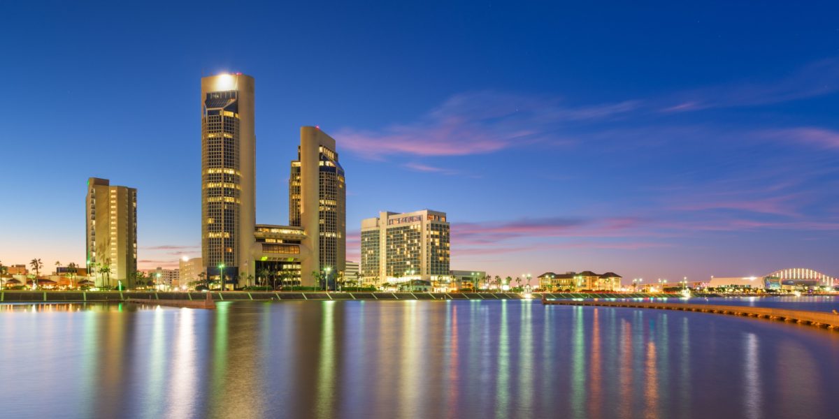 Corpus Christi, Texas, USA downtown skyline at twilight.