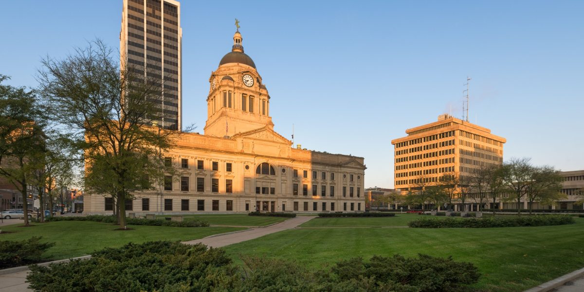 FORT WAYNE, INDIANA, USA - OCTOBER 29, 2018: Exterior of the Allen County Courthouse on South Calhoun Street in Fort Wayne