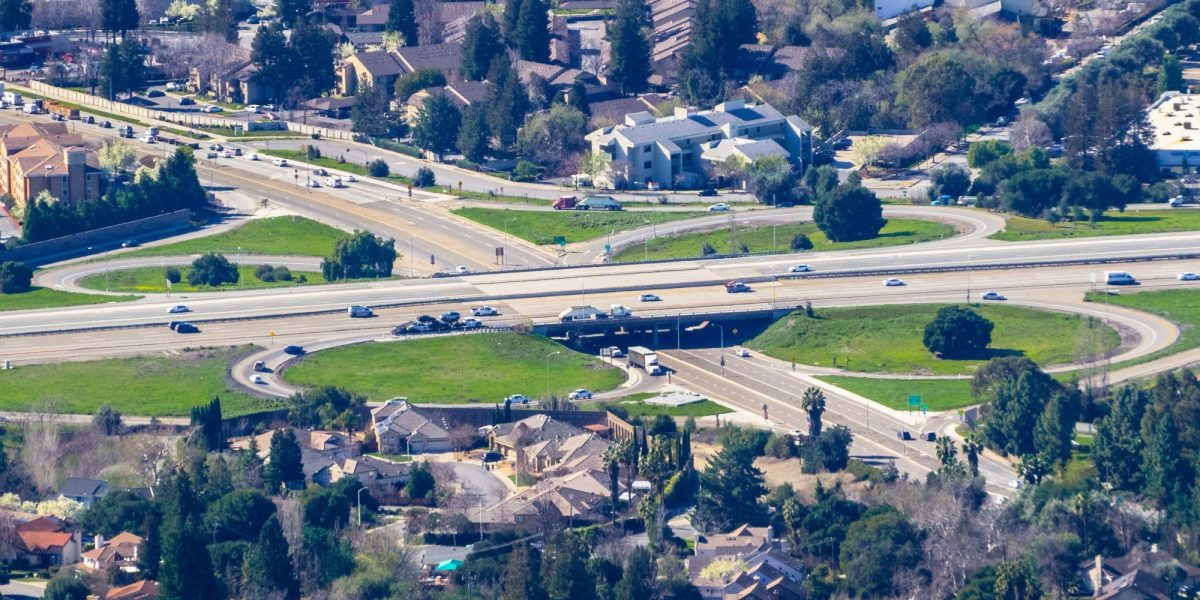 Aerial view of highway junction, Fremont, east San Francisco bay, California