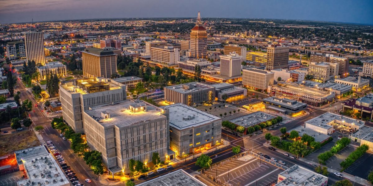 Aerial View of the Fresno, California Skyline at Dusk