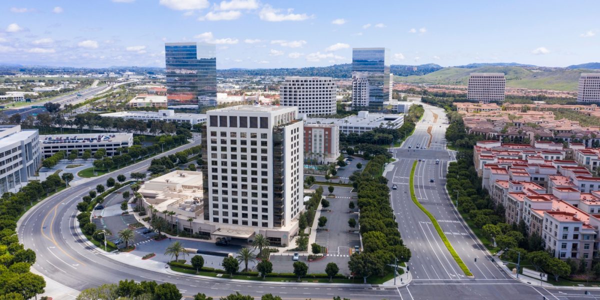 Aerial view of the downtown Irvine, California skyline.