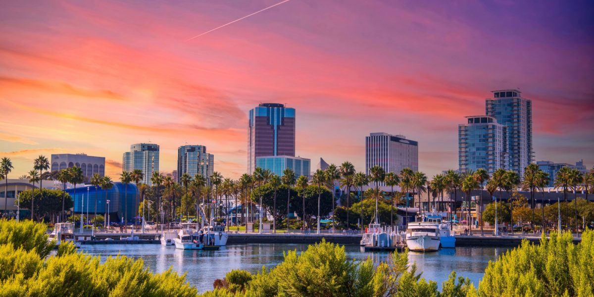 skyscrapers, office buildings and hotels in the city skyline with boats and yachts docked on the blue ocean water in the harbor with lush green trees and plants at sunset in Long Beach California USA