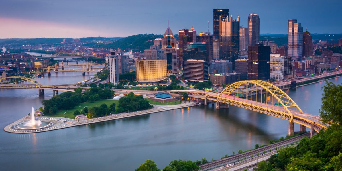 Evening view of Pittsburgh from the top of the Duquesne Incline in Mount Washington, Pittsburgh, Pennsylvania.