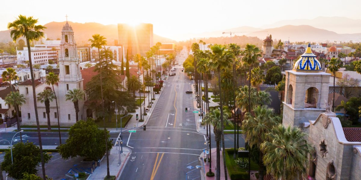 Sunset aerial view of historic downtown Riverside, California.