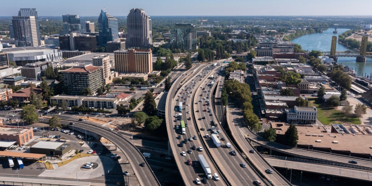 Afternoon aerial view of the downtown skyline of Sacramento, California, USA.