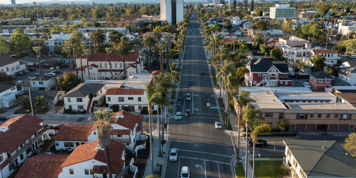 Sunset view of the historic core of downtown Santa Ana, California, USA.