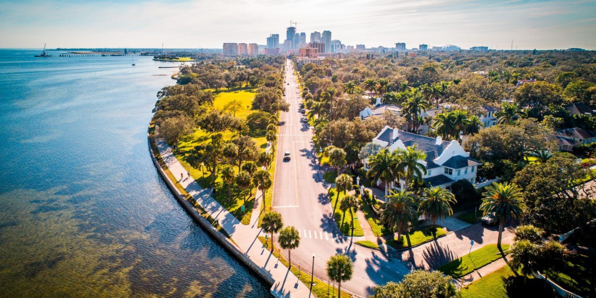 The scenic road where ocean meets city view to Downtown Saint Petersburg, Florida.