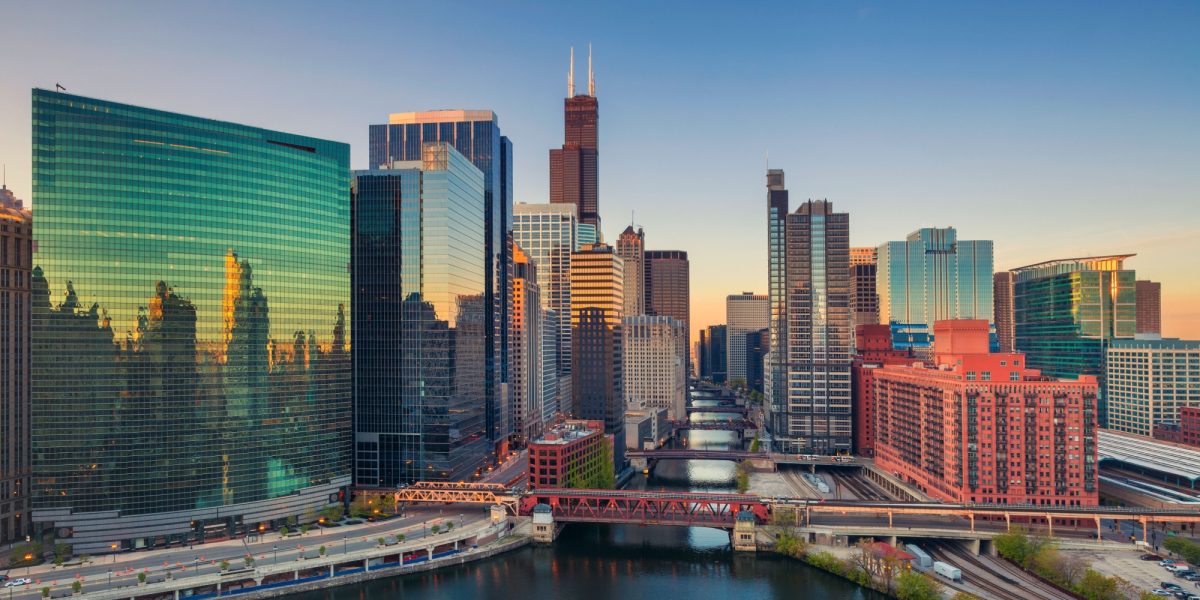 Chicago at dawn. Cityscape image of Chicago downtown at sunrise.