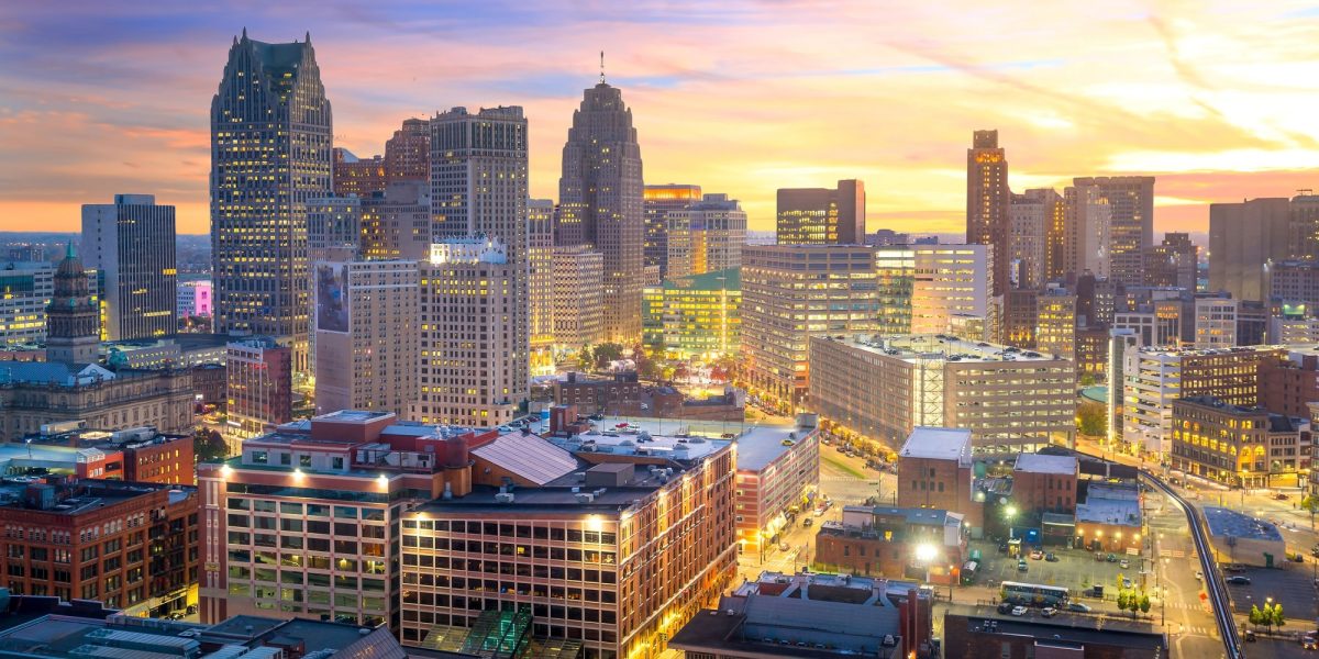 Aerial view of downtown Detroit at twilight in Michigan USA