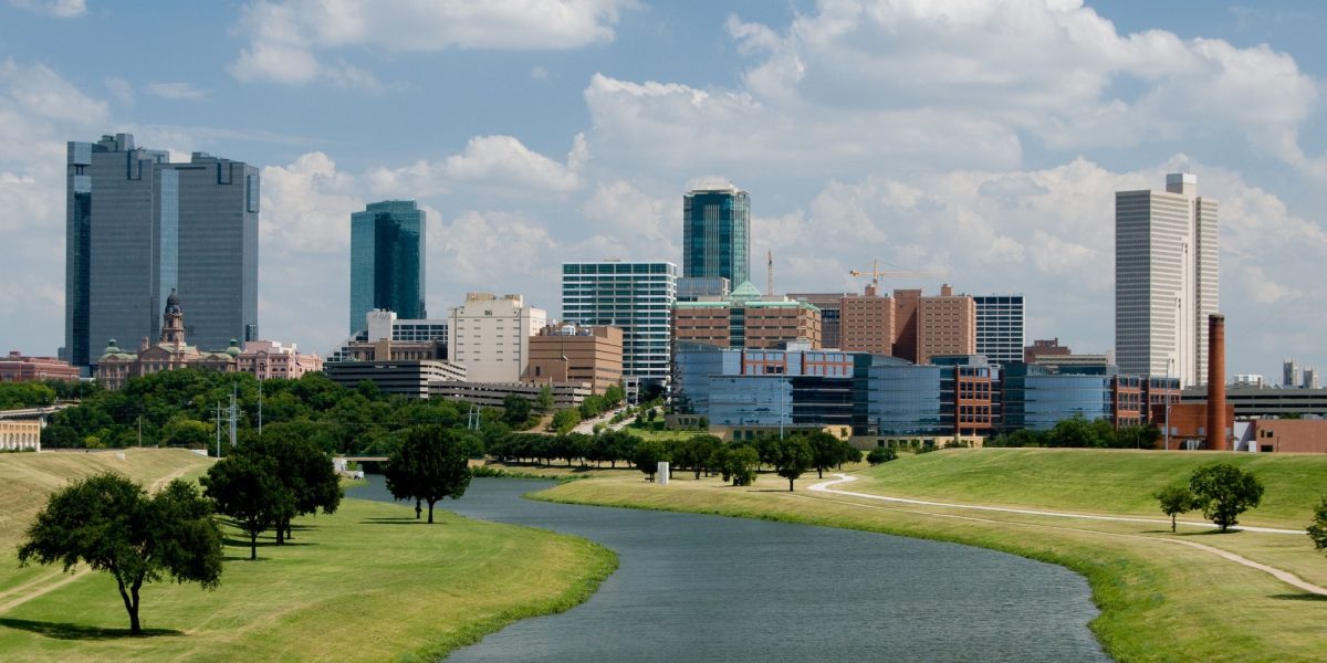 Beautiful downtown Fort Worth, Texas skyline on a sunny afternoon.