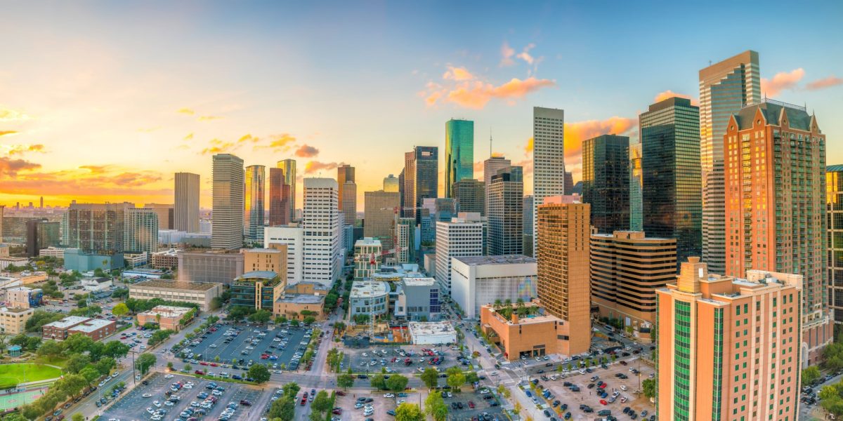 Downtown Houston skyline in Texas USA at twilight