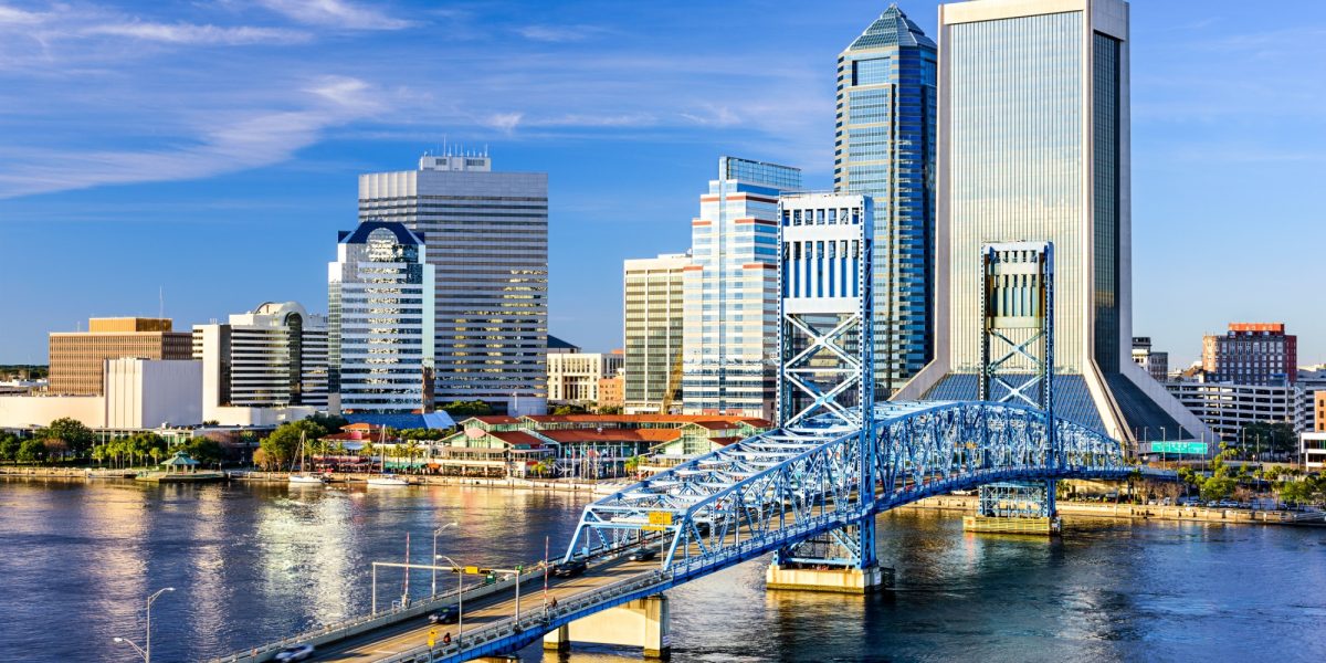 Jacksonville, Florida, USA downtown city skyline on St. Johns River.